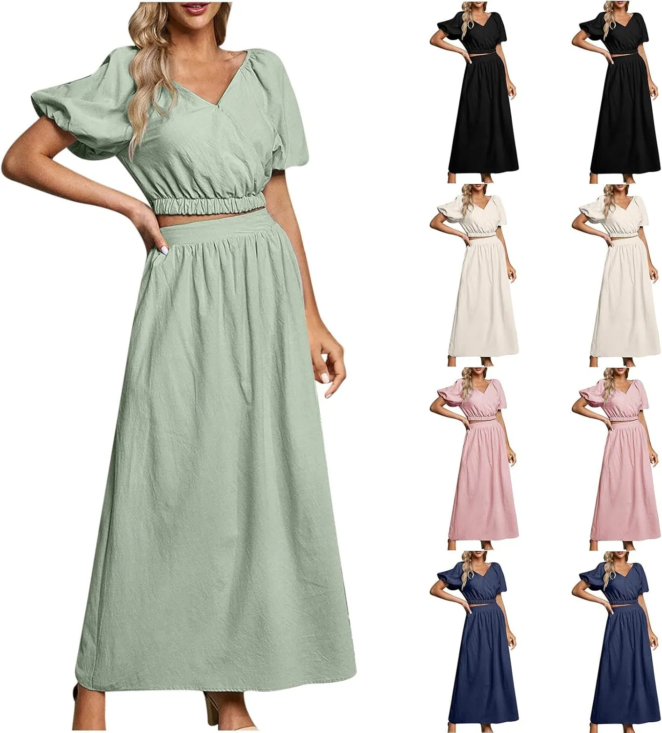HGps8w Women's 2025 Summer Cotton Linen Two Piece Outfits Wrap V Neck Puff Sleeve Crop Top and Flowy Maxi Skirt sSet