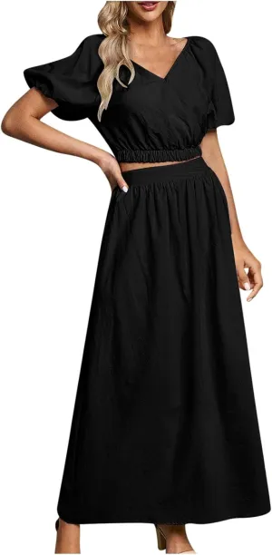 HGps8w Women's 2025 Summer Cotton Linen Two Piece Outfits Wrap V Neck Puff Sleeve Crop Top and Flowy Maxi Skirt sSet