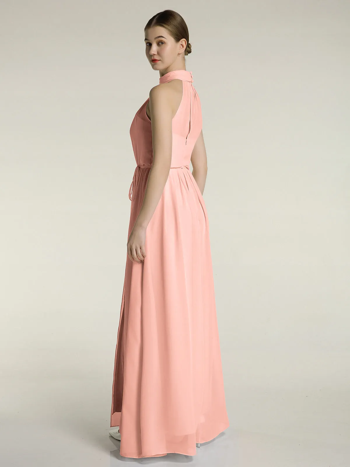 High Neck Chiffon Dresses with Slit and Sash Bow-Coral Plus Size