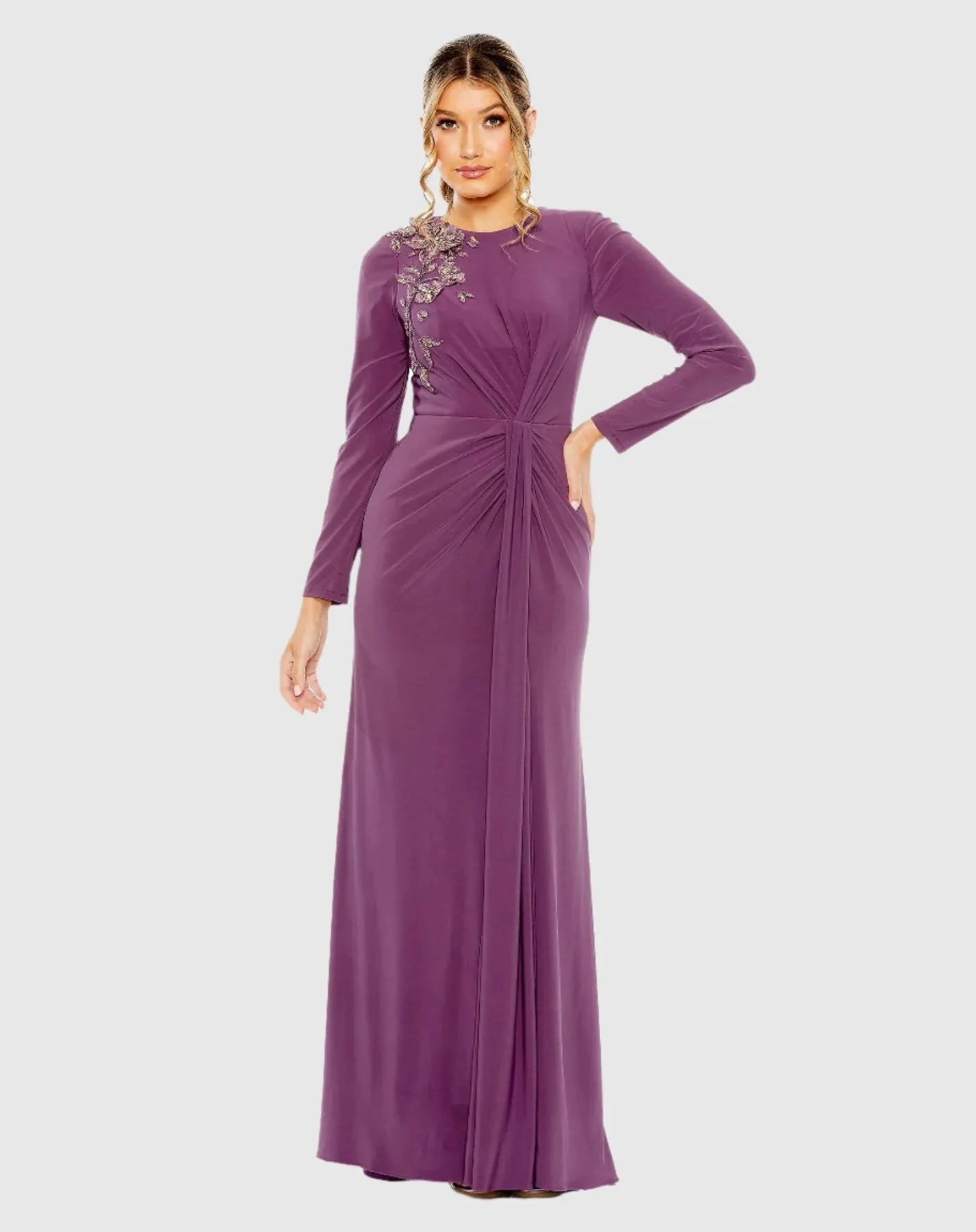 High neck long sleeve embellished gown - Purple