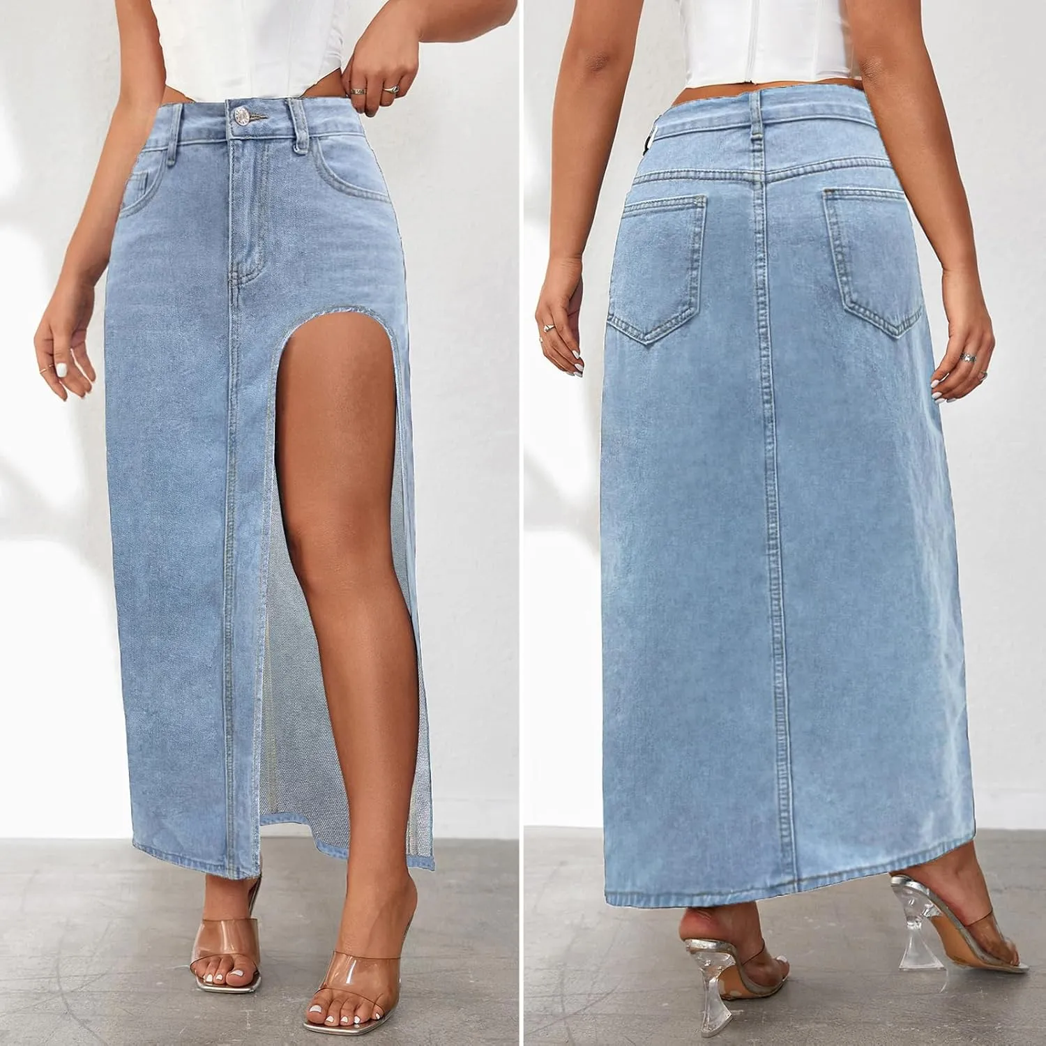 High Waist Long Skirt Button Zipper Denim Women Maxi Side Slit