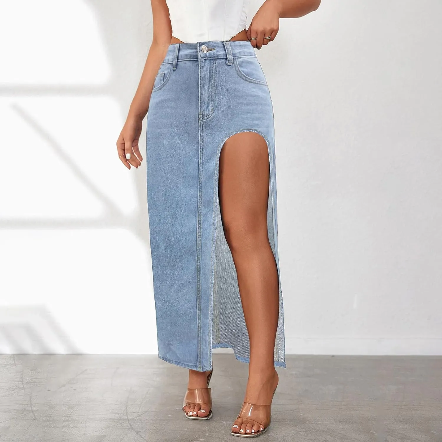 High Waist Long Skirt Button Zipper Denim Women Maxi Side Slit