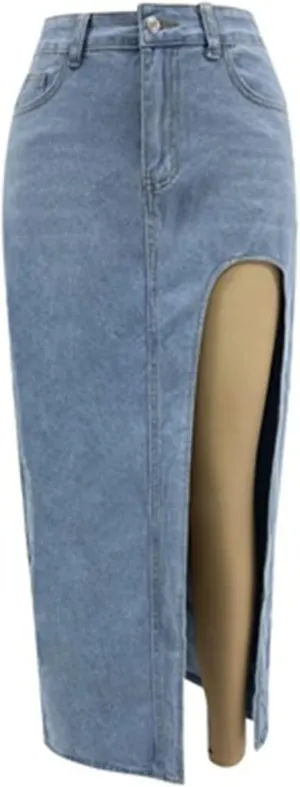 High Waist Long Skirt Button Zipper Denim Women Maxi Side Slit