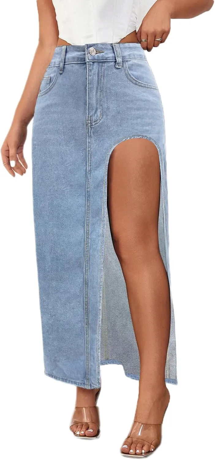 High Waist Long Skirt Button Zipper Denim Women Maxi Side Slit