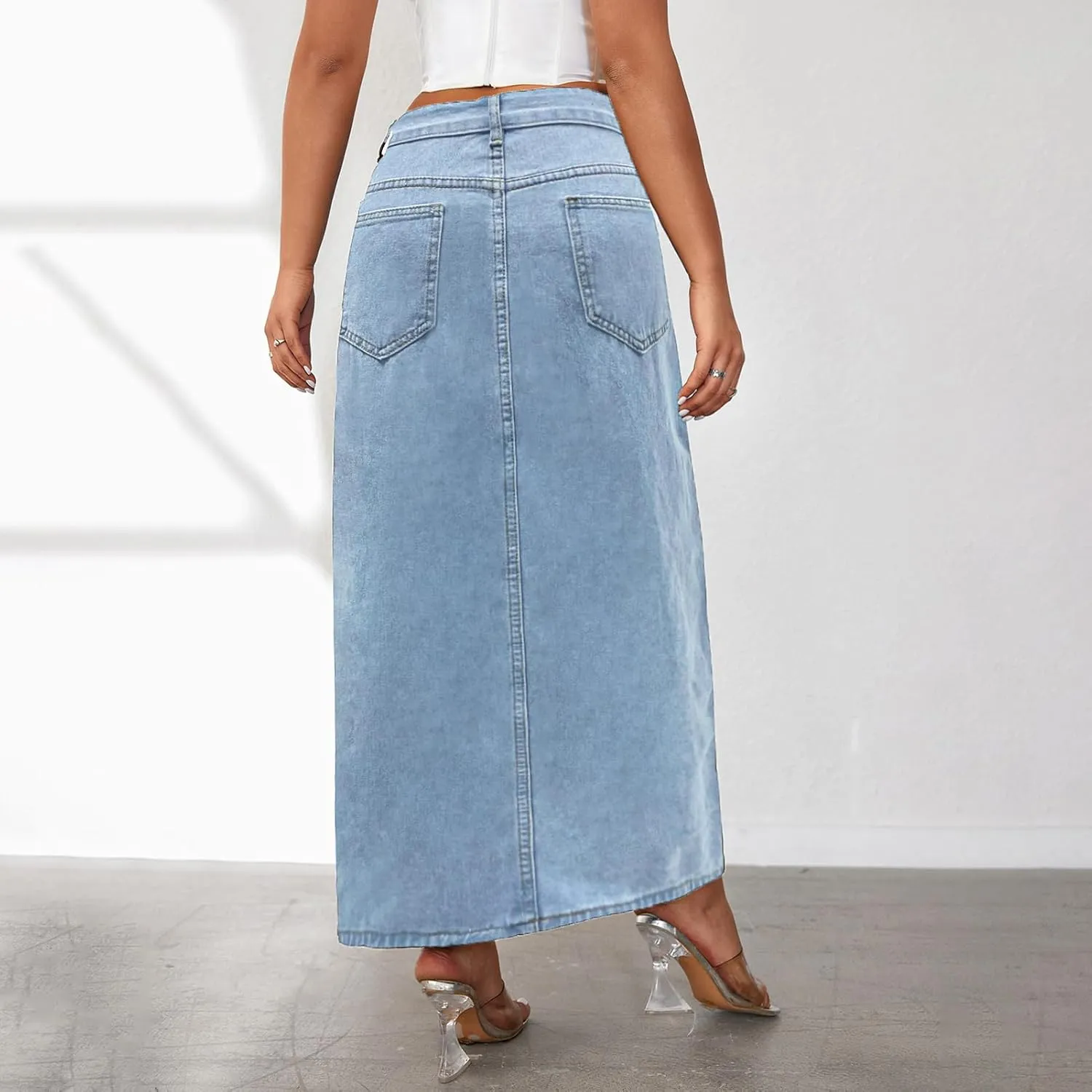 High Waist Long Skirt Button Zipper Denim Women Maxi Side Slit