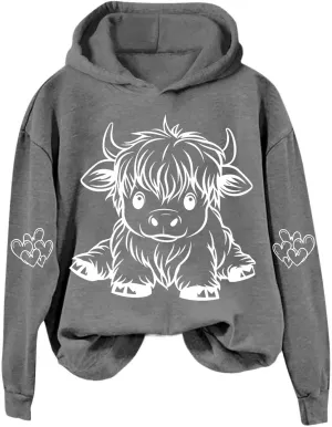 Highland Cow Hoodie Women Loose Fit Pullover Oversized Drawstring Hooded Sweatshirt Cute Streetwear Layering Outfit