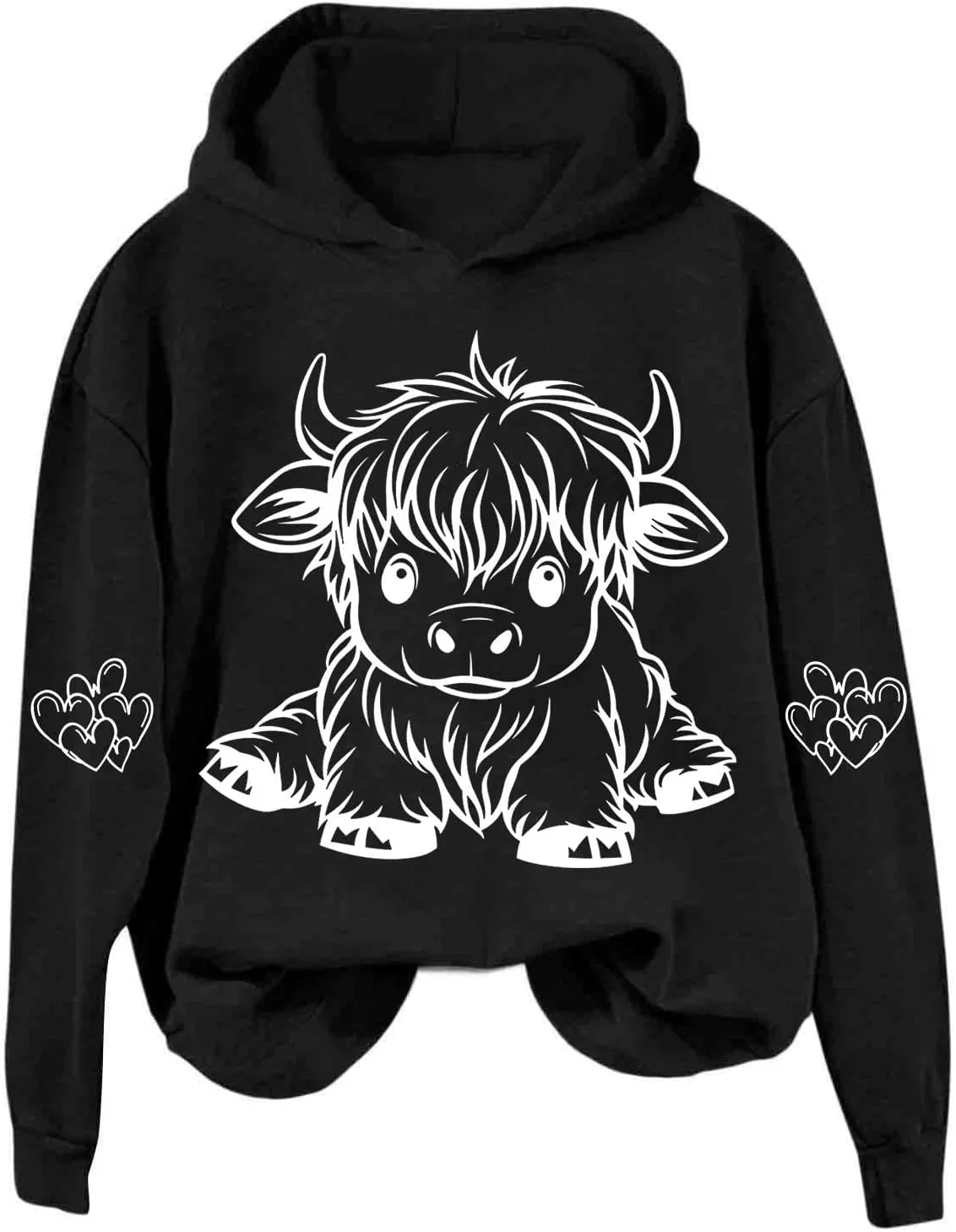 Highland Cow Hoodie Women Loose Fit Pullover Oversized Drawstring Hooded Sweatshirt Cute Streetwear Layering Outfit