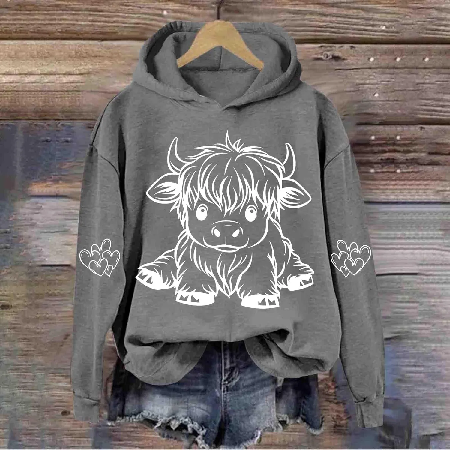 Highland Cow Hoodie Women Loose Fit Pullover Oversized Drawstring Hooded Sweatshirt Cute Streetwear Layering Outfit