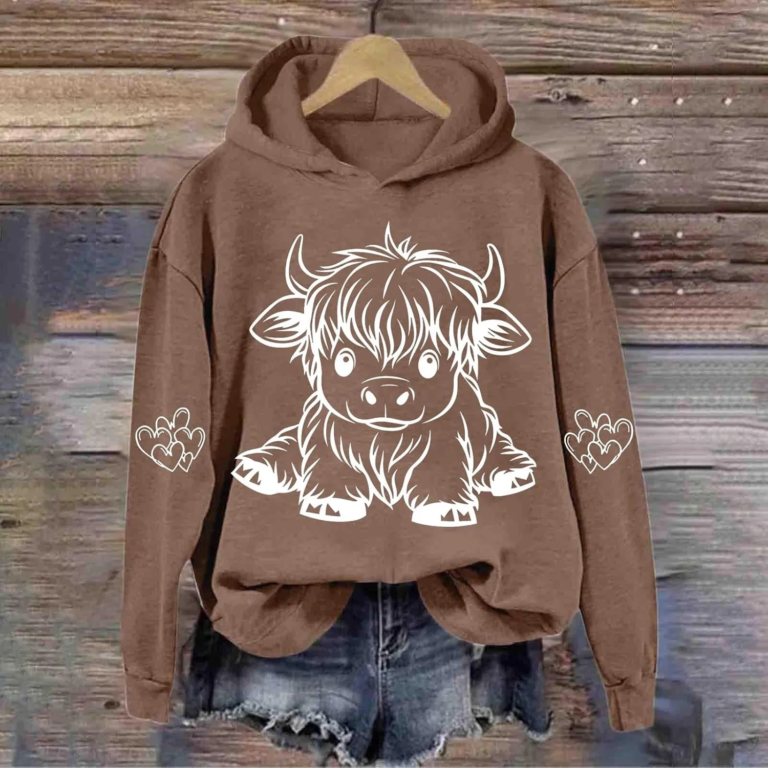Highland Cow Hoodie Women Loose Fit Pullover Oversized Drawstring Hooded Sweatshirt Cute Streetwear Layering Outfit