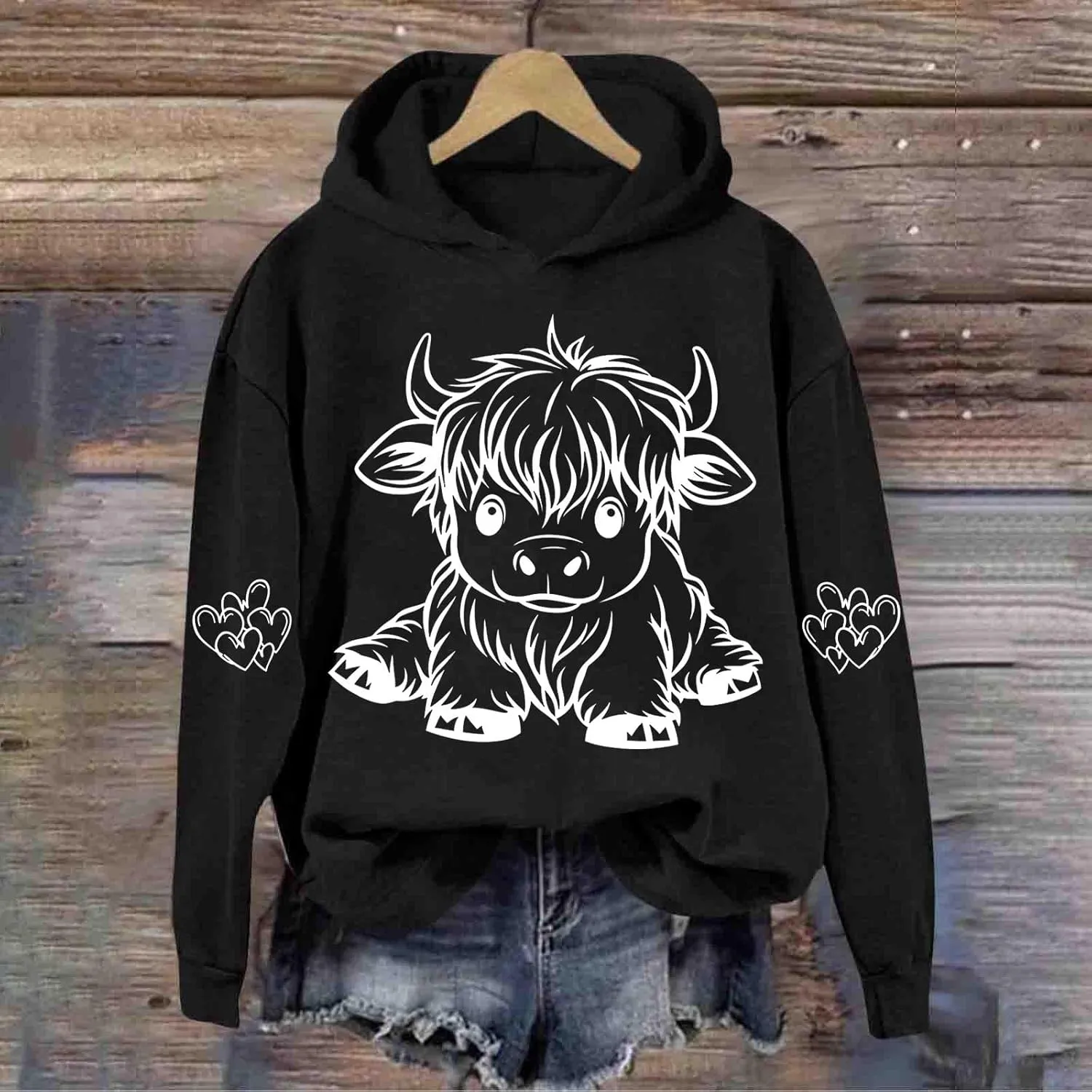 Highland Cow Hoodie Women Loose Fit Pullover Oversized Drawstring Hooded Sweatshirt Cute Streetwear Layering Outfit