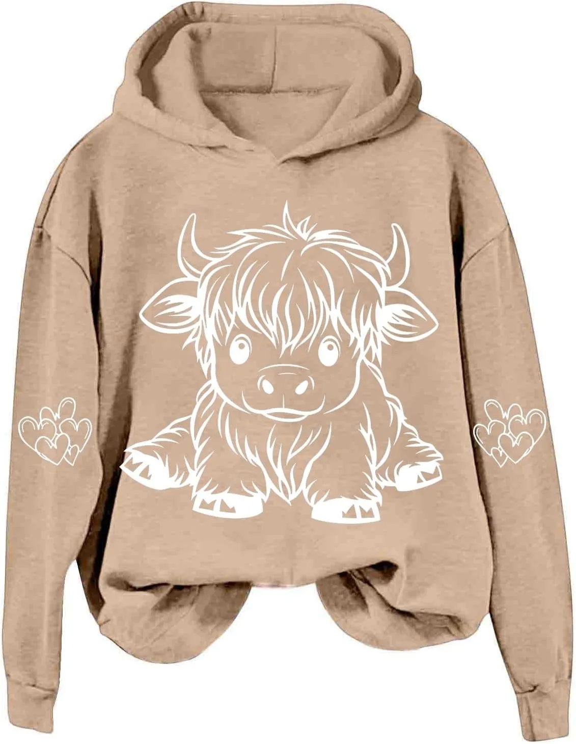 Highland Cow Hoodie Women Loose Fit Pullover Oversized Drawstring Hooded Sweatshirt Cute Streetwear Layering Outfit