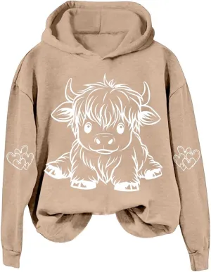 Highland Cow Hoodie Women Loose Fit Pullover Oversized Drawstring Hooded Sweatshirt Cute Streetwear Layering Outfit