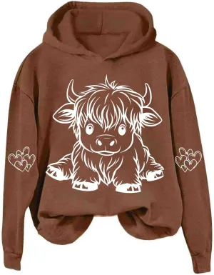 Highland Cow Hoodie Women Loose Fit Pullover Oversized Drawstring Hooded Sweatshirt Cute Streetwear Layering Outfit