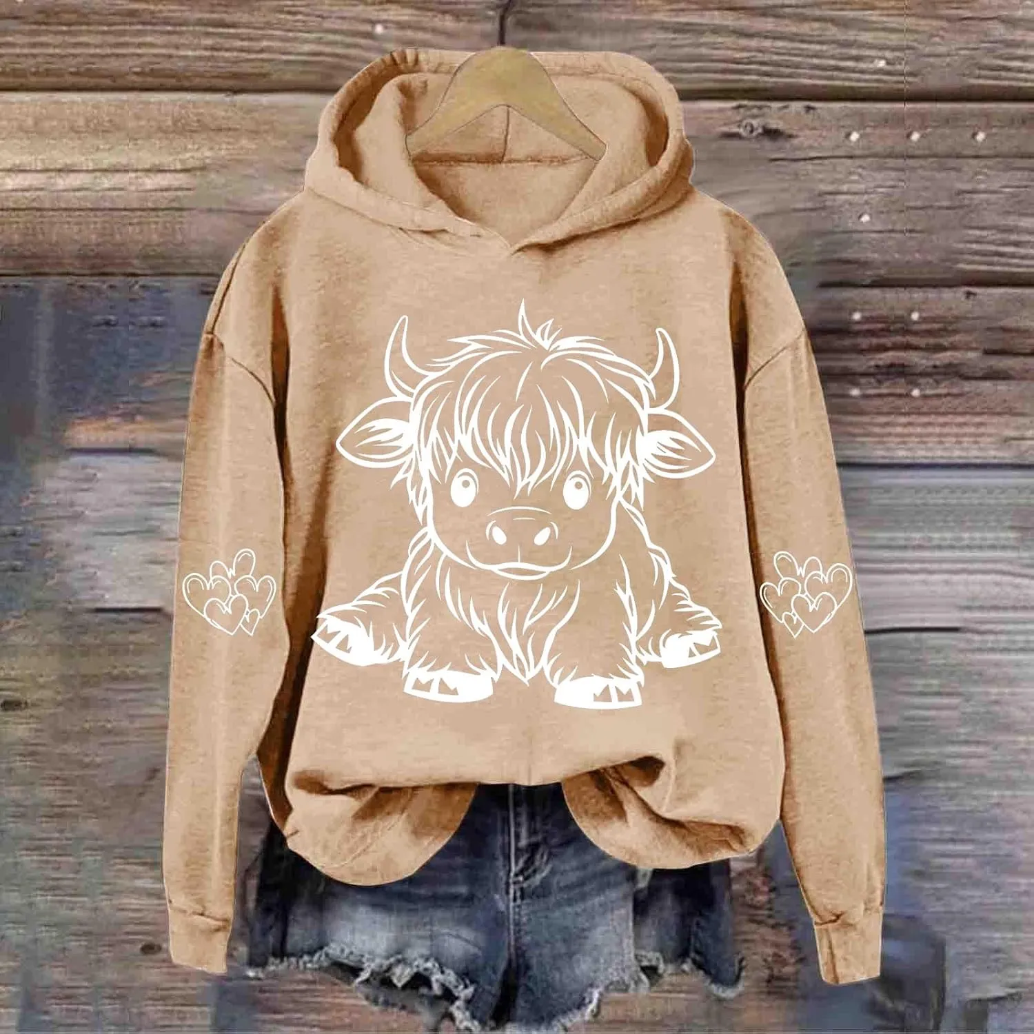 Highland Cow Hoodie Women Loose Fit Pullover Oversized Drawstring Hooded Sweatshirt Cute Streetwear Layering Outfit