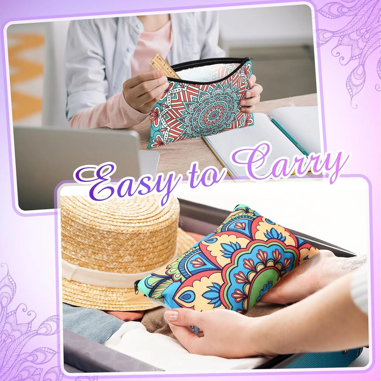 Hillban 36 Pcs Bulk Gifts Cosmetic Bags for Women Canvas Bag Bulk Inspirational Cute Makeup Bag Motivational Travel Cosmetic Pouch Beautiful Gifts for Teacher, 12 Styles(Mandala)