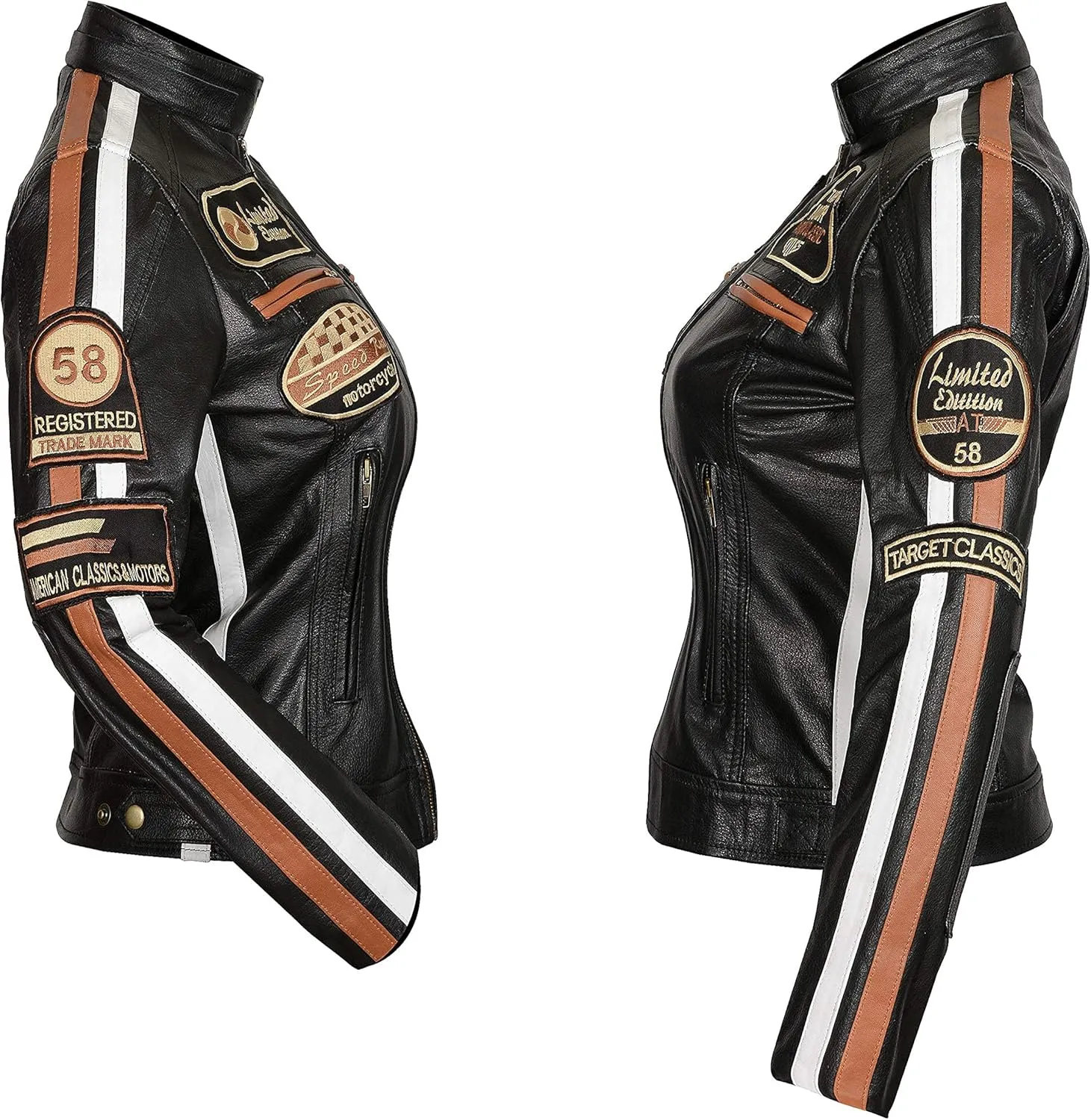 Hooded Women's Biker Racing Jacket - Cafe Racer Retro Badges Vintage Motorcycle Leather Jacket