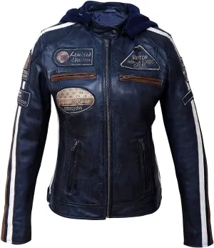 Hooded Women's Biker Racing Jacket - Cafe Racer Retro Badges Vintage Motorcycle Leather Jacket