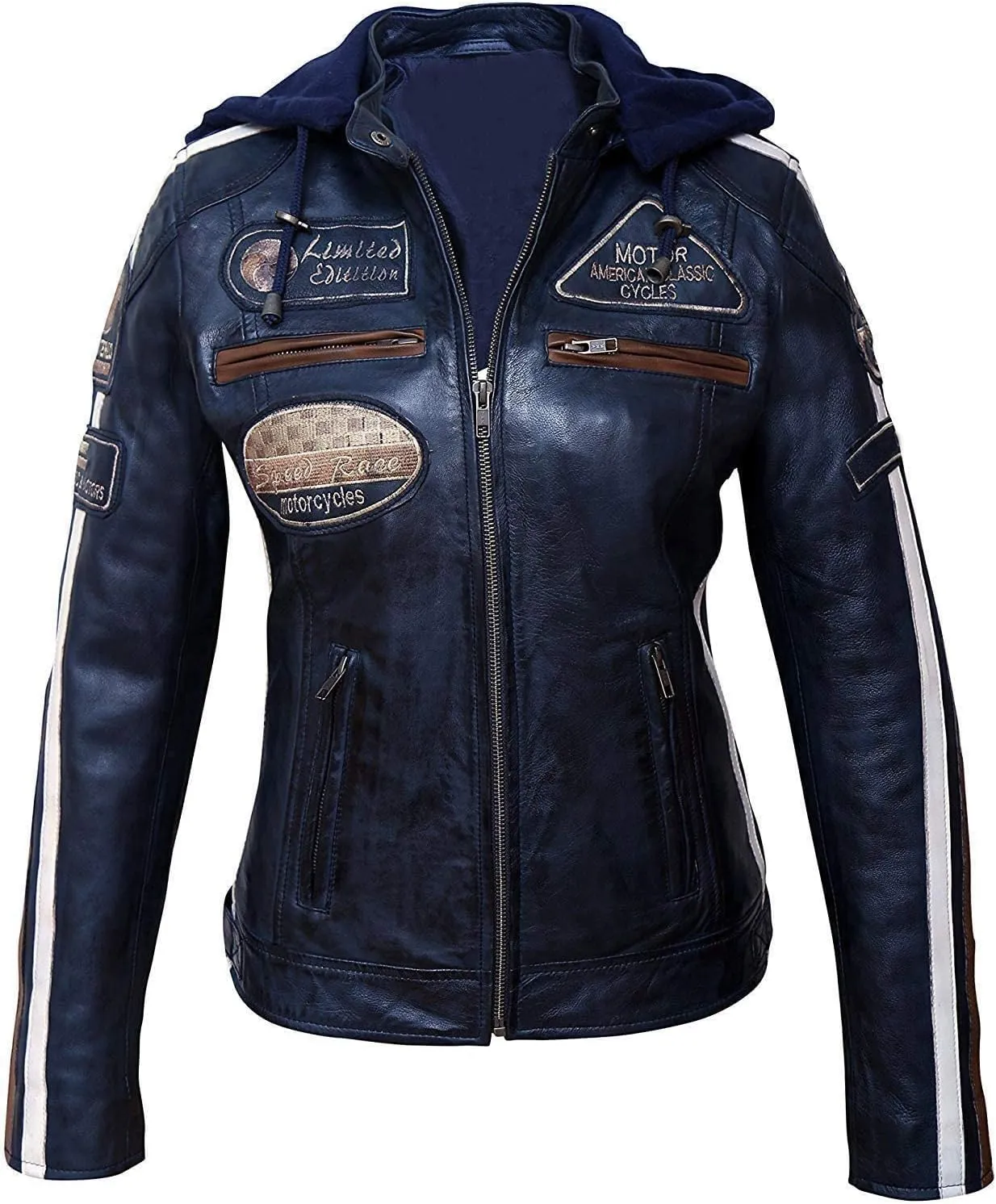Hooded Women's Biker Racing Jacket - Cafe Racer Retro Badges Vintage Motorcycle Leather Jacket