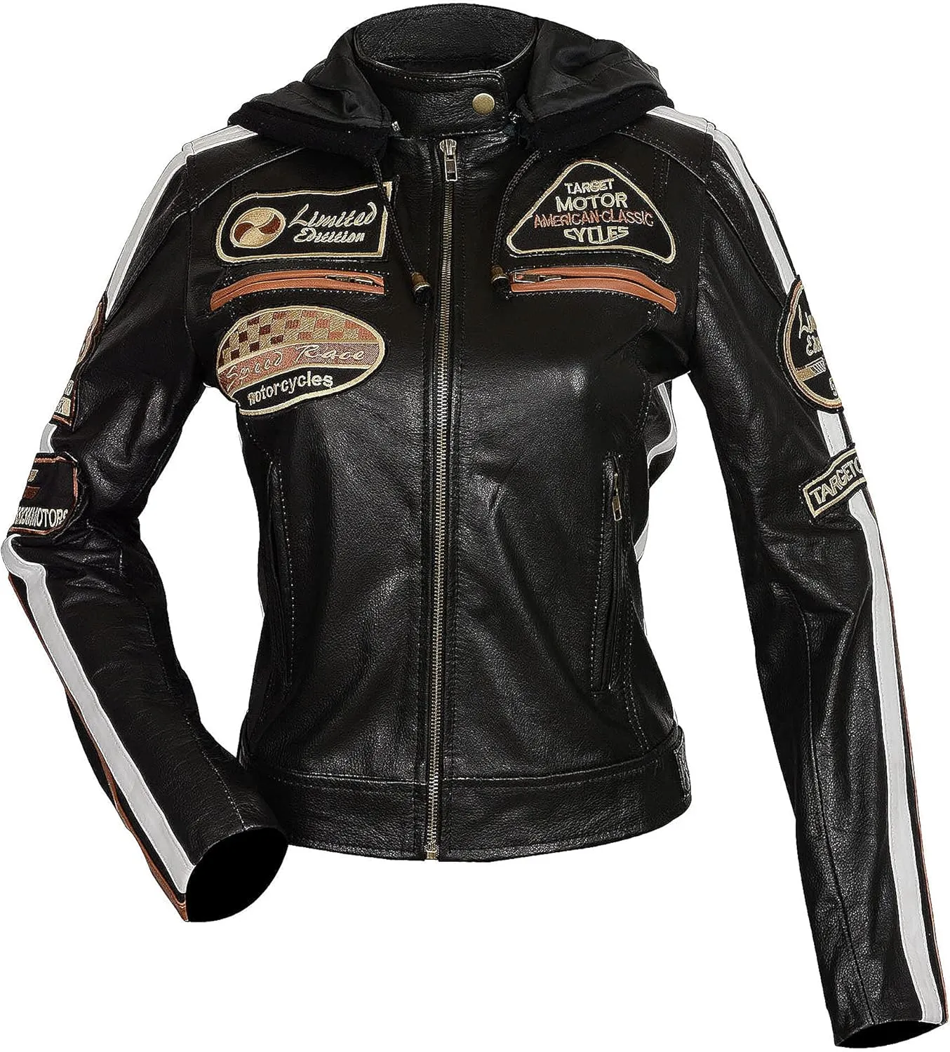 Hooded Women's Biker Racing Jacket - Cafe Racer Retro Badges Vintage Motorcycle Leather Jacket