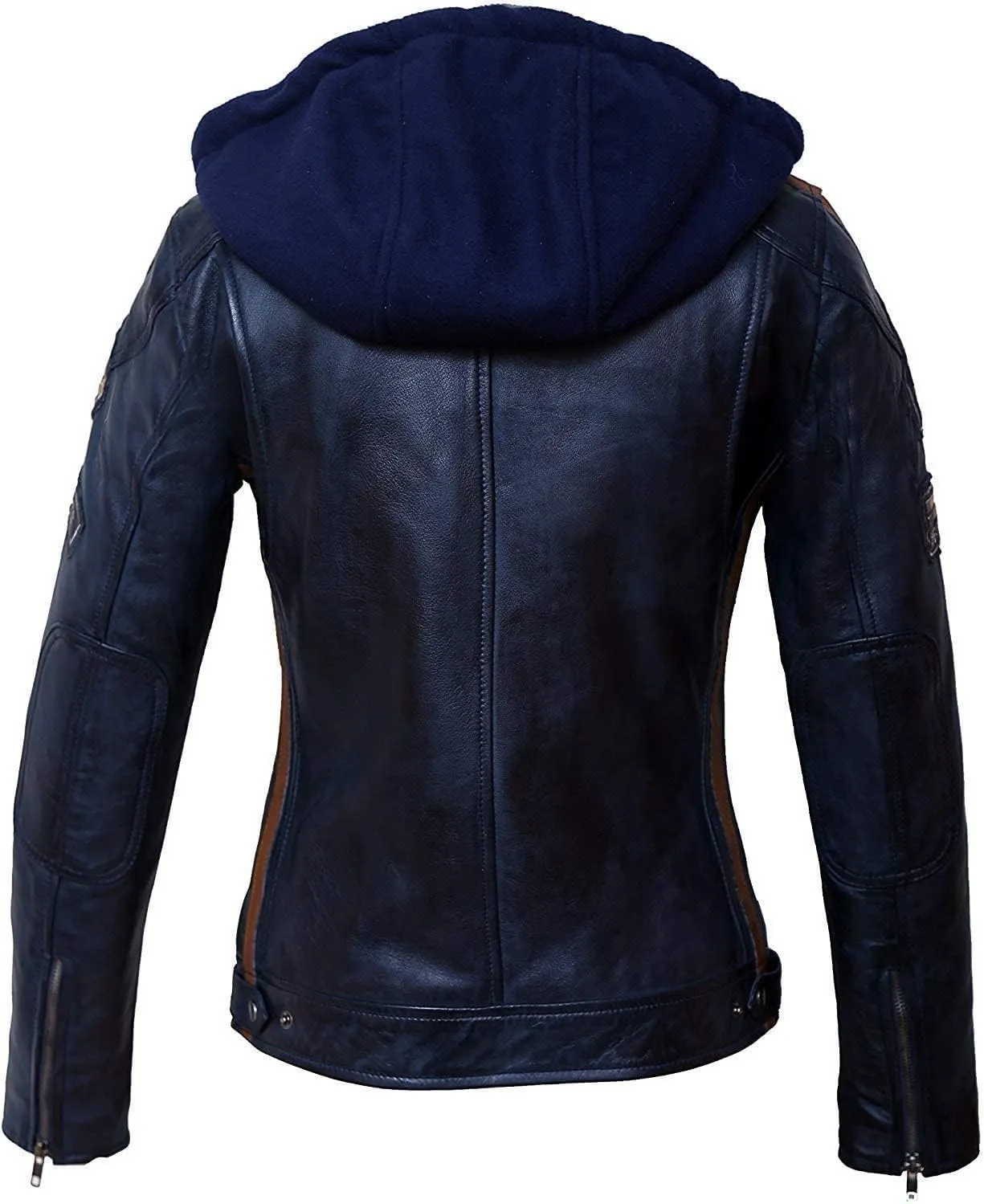 Hooded Women's Biker Racing Jacket - Cafe Racer Retro Badges Vintage Motorcycle Leather Jacket