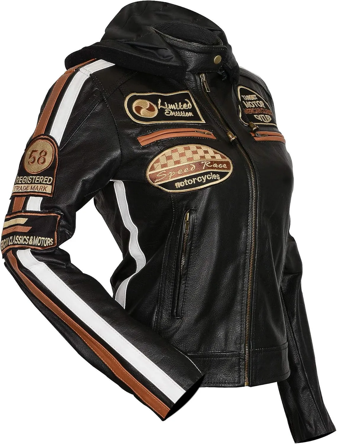 Hooded Women's Biker Racing Jacket - Cafe Racer Retro Badges Vintage Motorcycle Leather Jacket