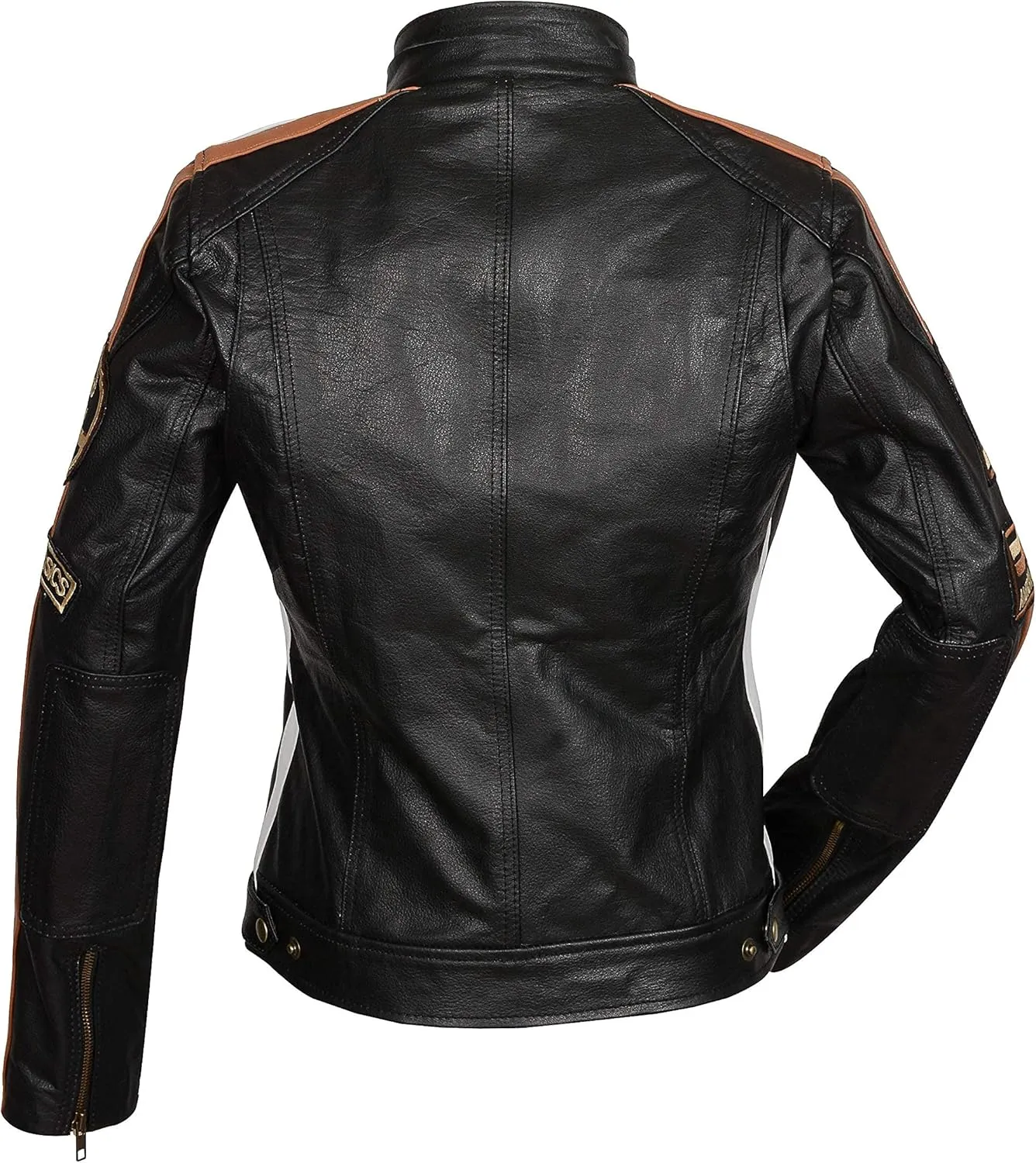Hooded Women's Biker Racing Jacket - Cafe Racer Retro Badges Vintage Motorcycle Leather Jacket