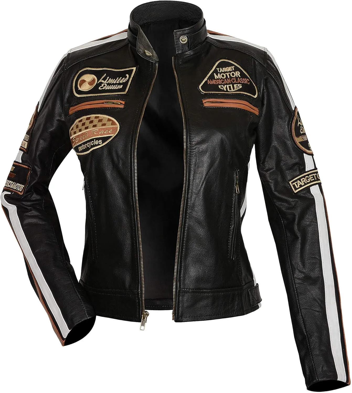 Hooded Women's Biker Racing Jacket - Cafe Racer Retro Badges Vintage Motorcycle Leather Jacket