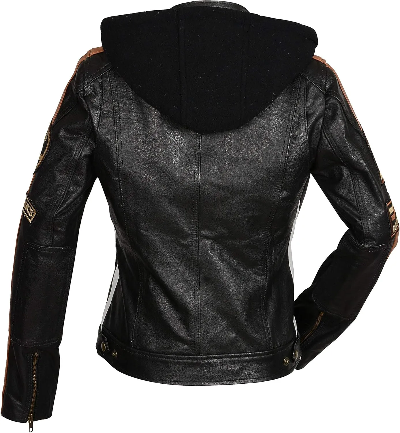 Hooded Women's Biker Racing Jacket - Cafe Racer Retro Badges Vintage Motorcycle Leather Jacket