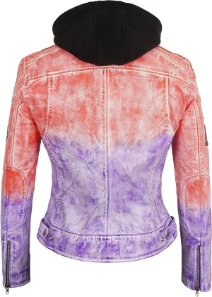 Hooded Women's Biker Racing Jacket - Cafe Racer Retro Badges Vintage Motorcycle Leather Jacket