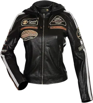 Hooded Women's Biker Racing Jacket - Cafe Racer Retro Badges Vintage Motorcycle Leather Jacket