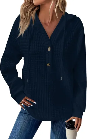 Hoodies For Women Waffle Knit Long Sleeve Shirts Drawstring Button V Neck Tops Fall Loose Fit Pullover Sweatshirt