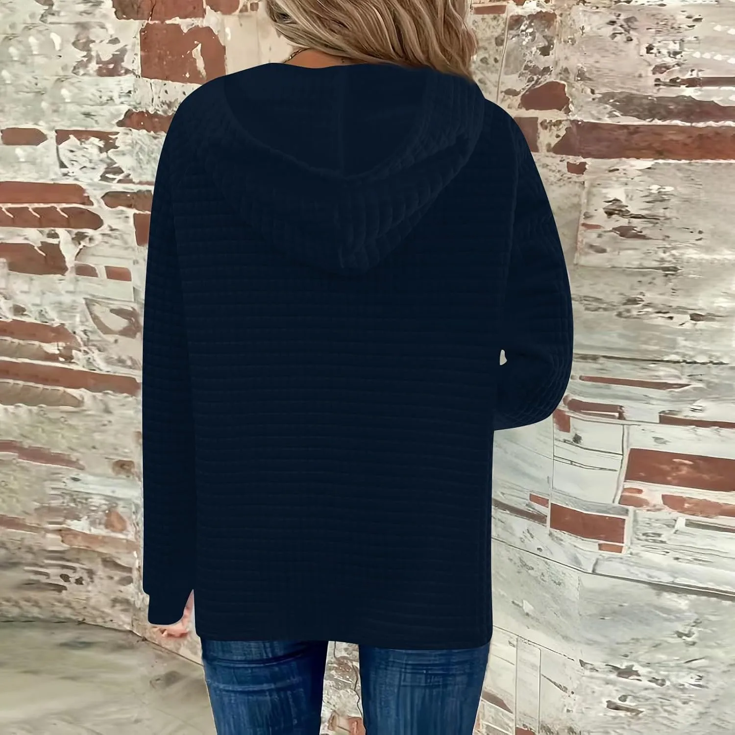Hoodies For Women Waffle Knit Long Sleeve Shirts Drawstring Button V Neck Tops Fall Loose Fit Pullover Sweatshirt