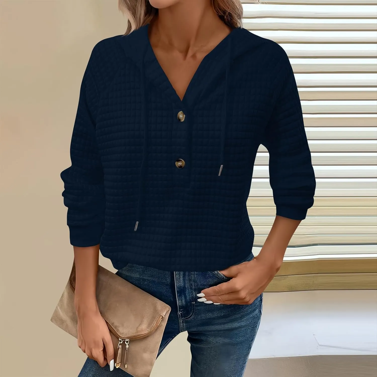 Hoodies For Women Waffle Knit Long Sleeve Shirts Drawstring Button V Neck Tops Fall Loose Fit Pullover Sweatshirt