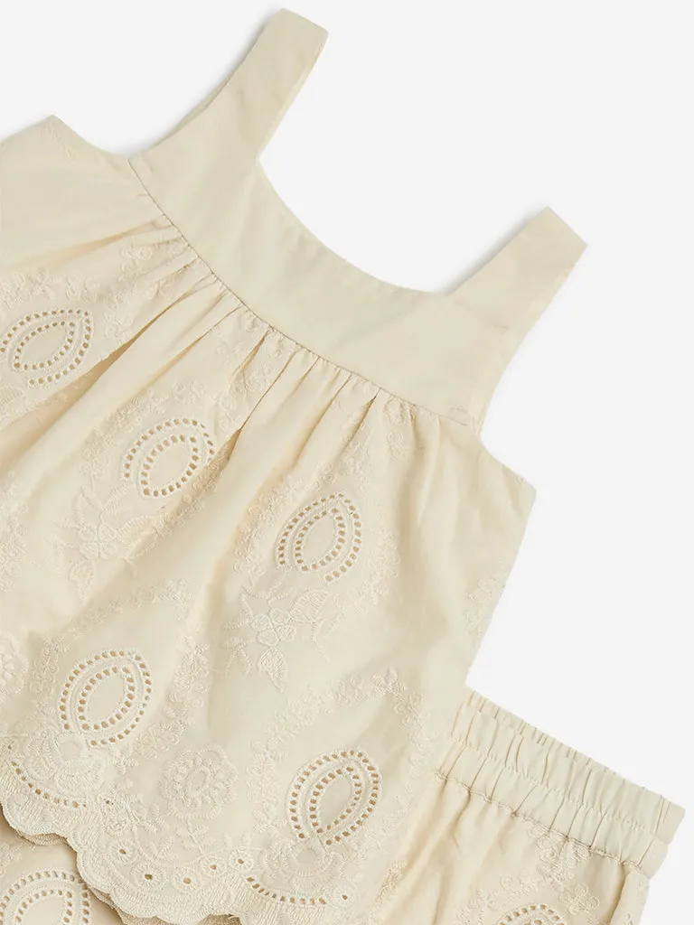 HOP Baby Beige Eyelet Embroidered Cotton Top and Shorts Set