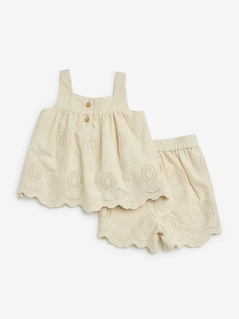 HOP Baby Beige Eyelet Embroidered Cotton Top and Shorts Set