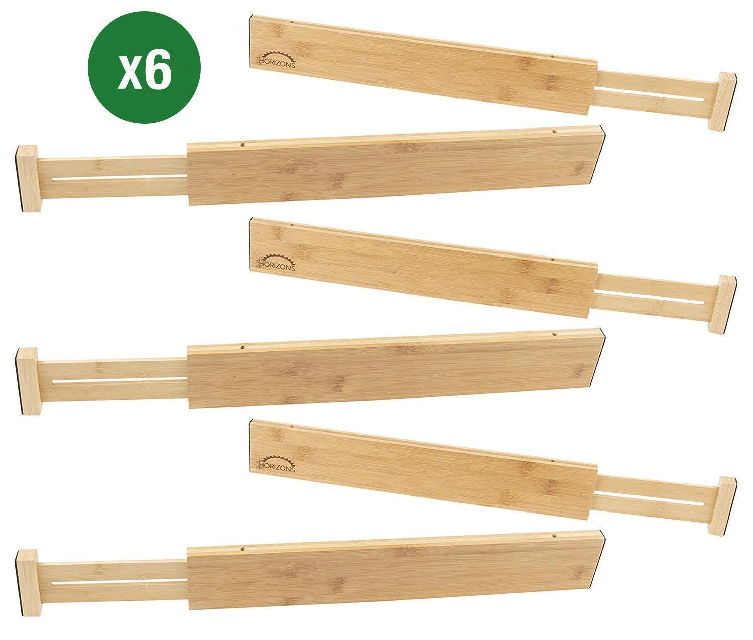 Horizons Adjustable & Stackable 100% Eco-Friendly Bamboo Drawers (Set of 6) - Kitchen Drawer, Desk, Dresser, Bathroom; Divide & Organize