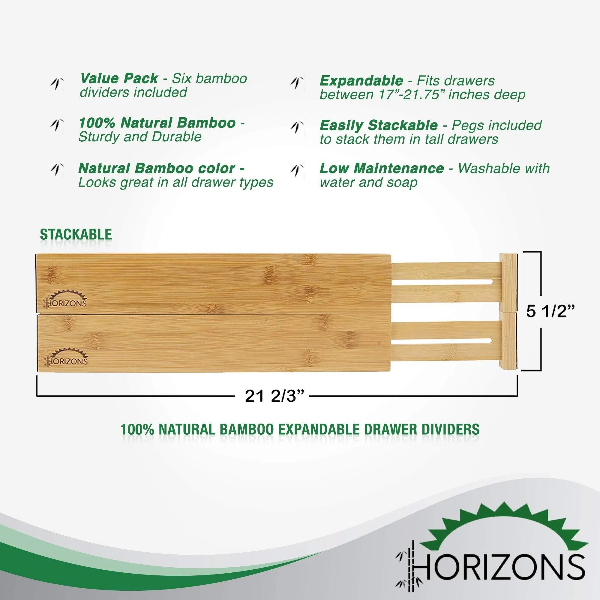 Horizons Adjustable & Stackable 100% Eco-Friendly Bamboo Drawers (Set of 6) - Kitchen Drawer, Desk, Dresser, Bathroom; Divide & Organize