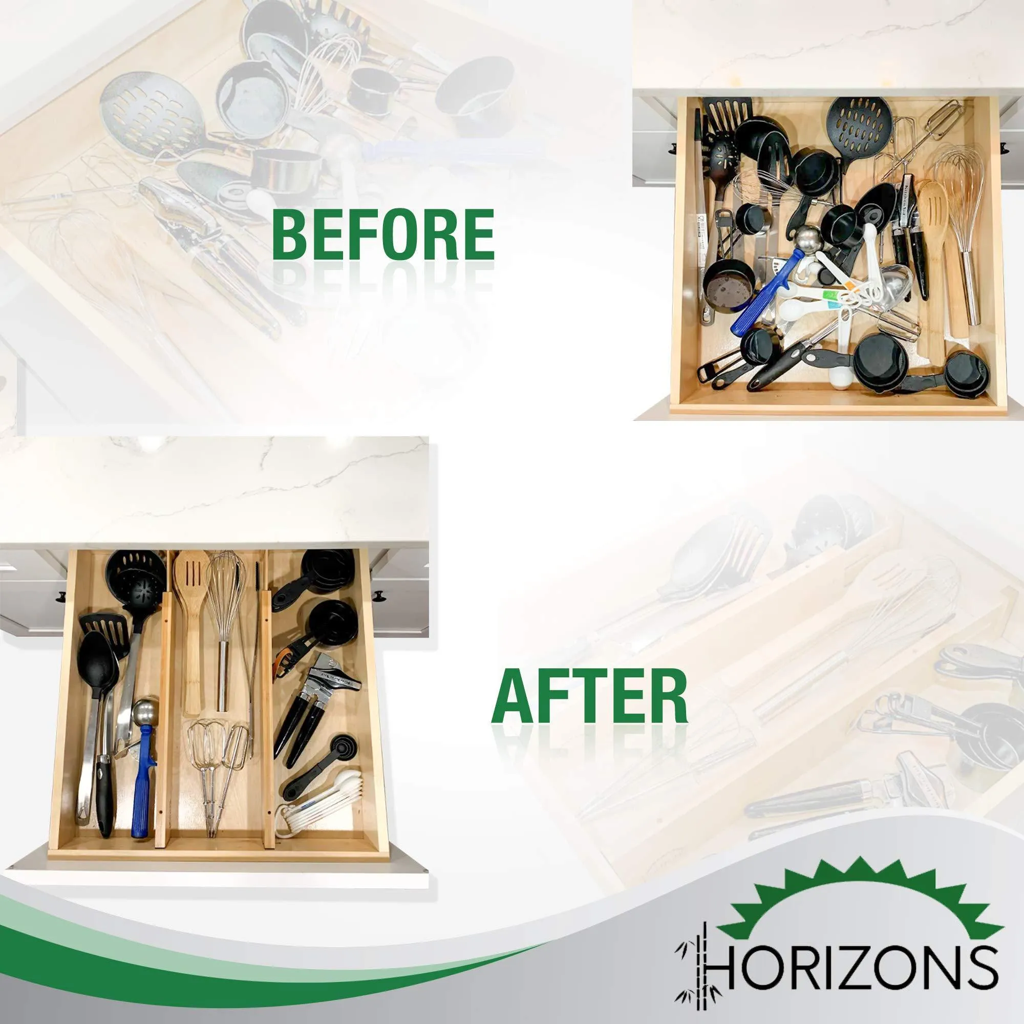 Horizons Adjustable & Stackable 100% Eco-Friendly Bamboo Drawers (Set of 6) - Kitchen Drawer, Desk, Dresser, Bathroom; Divide & Organize