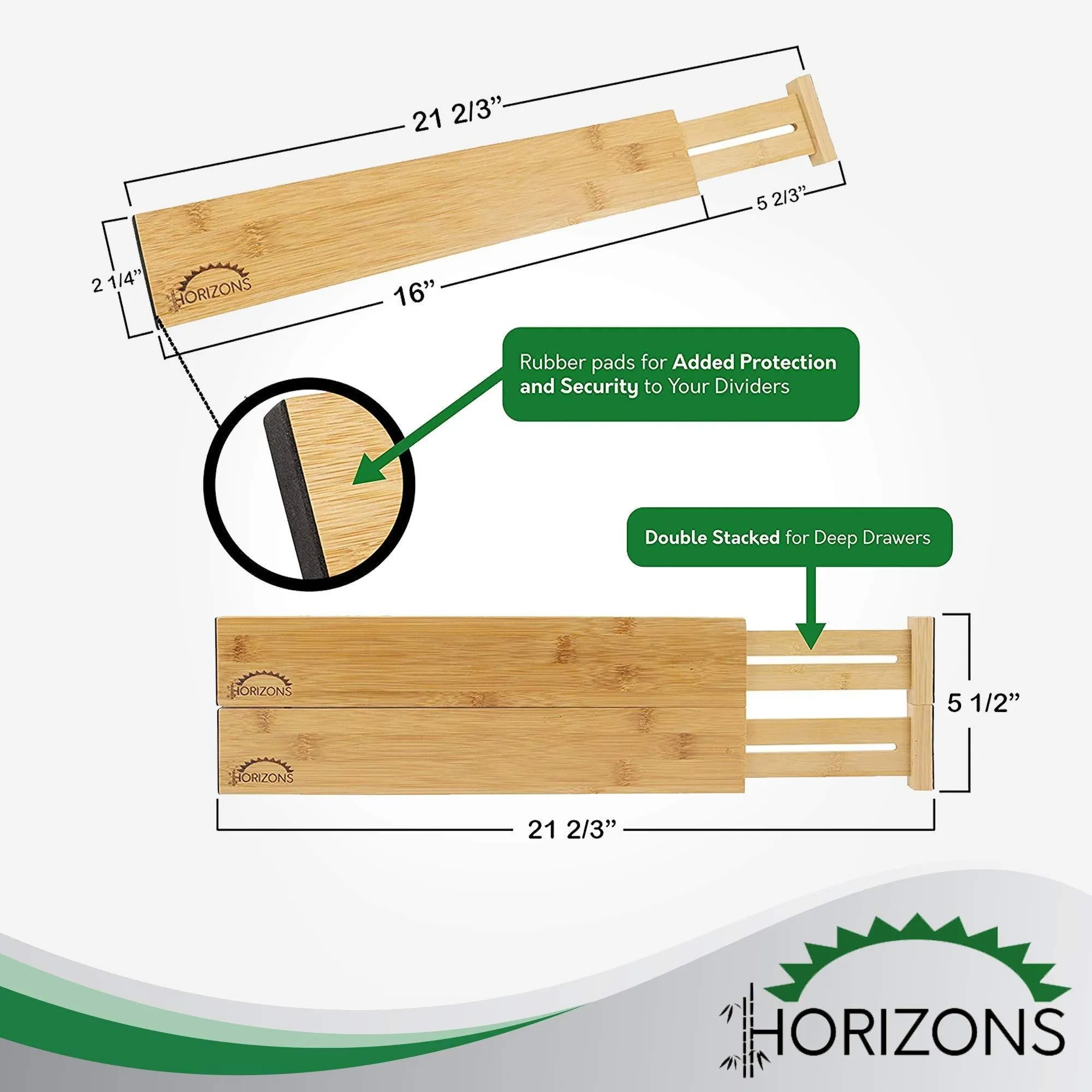 Horizons Adjustable & Stackable 100% Eco-Friendly Bamboo Drawers (Set of 6) - Kitchen Drawer, Desk, Dresser, Bathroom; Divide & Organize