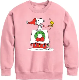 HYBRID APPAREL - Peanuts - Snoopy & Woodstock House Sleigh - Toddler and Youth Crewneck Fleece Sweatshirt