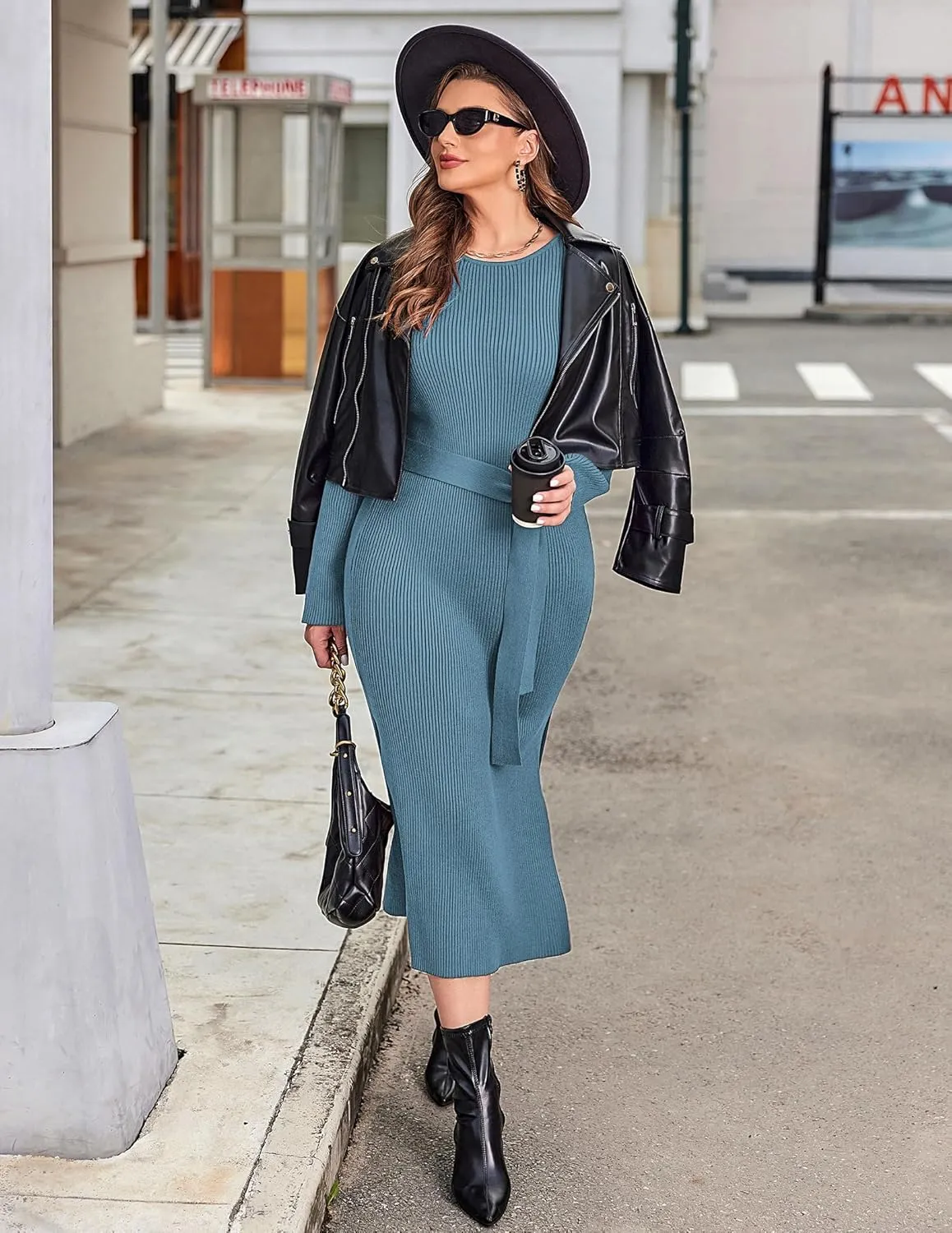 IN'VOLAND Plus Size Womens Ribbed Sweater Dress Long Sleeve Crewneck Tie Waist Knit Bodycon Midi Dresses with Belt