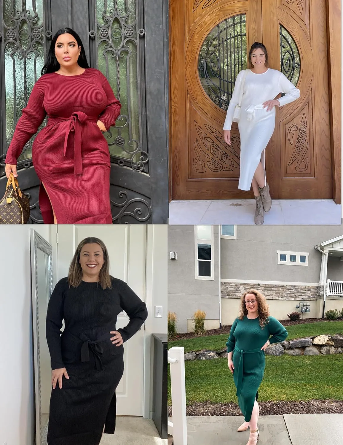 IN'VOLAND Plus Size Womens Ribbed Sweater Dress Long Sleeve Crewneck Tie Waist Knit Bodycon Midi Dresses with Belt