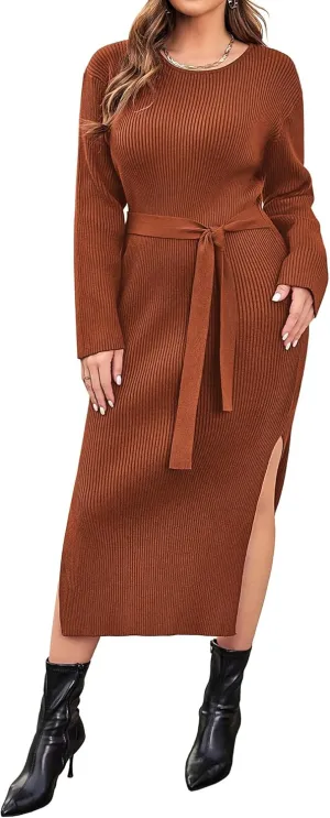 IN'VOLAND Plus Size Womens Ribbed Sweater Dress Long Sleeve Crewneck Tie Waist Knit Bodycon Midi Dresses with Belt