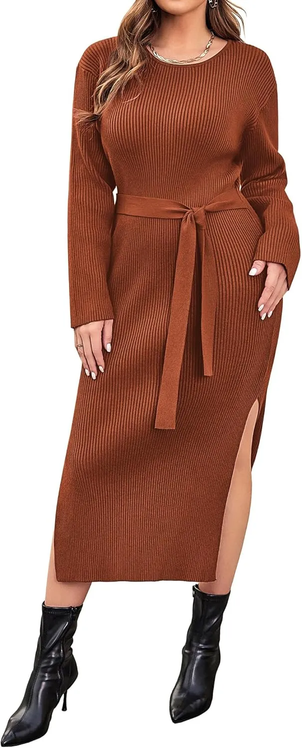 IN'VOLAND Plus Size Womens Ribbed Sweater Dress Long Sleeve Crewneck Tie Waist Knit Bodycon Midi Dresses with Belt
