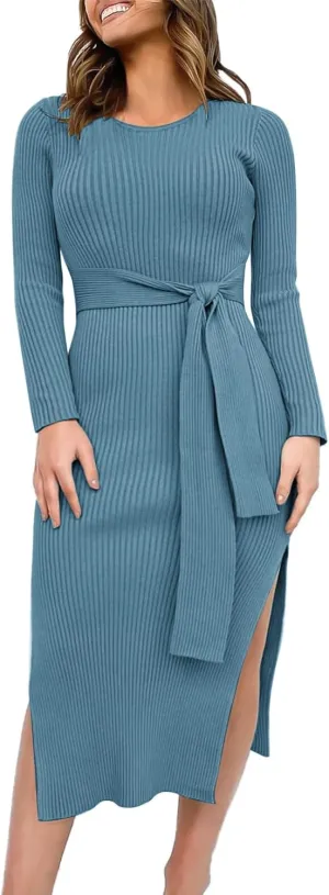 IN'VOLAND Plus Size Womens Ribbed Sweater Dress Long Sleeve Crewneck Tie Waist Knit Bodycon Midi Dresses with Belt