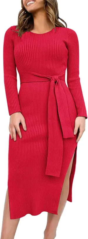 IN'VOLAND Plus Size Womens Ribbed Sweater Dress Long Sleeve Crewneck Tie Waist Knit Bodycon Midi Dresses with Belt