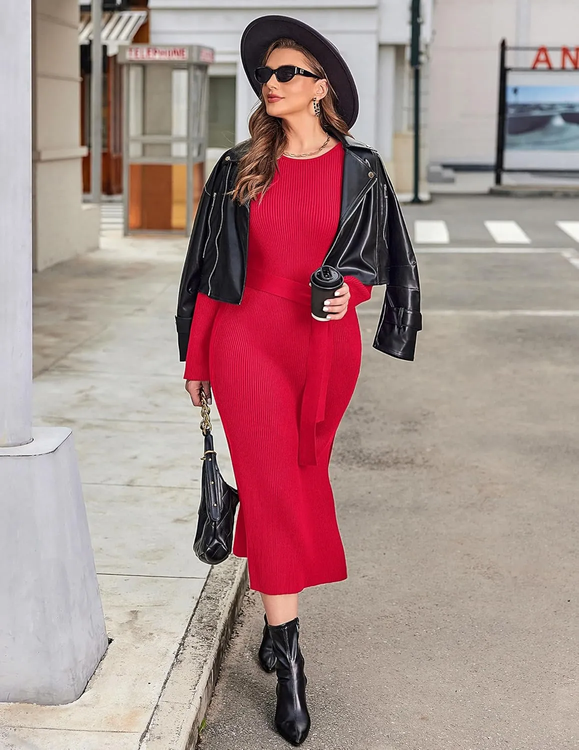 IN'VOLAND Plus Size Womens Ribbed Sweater Dress Long Sleeve Crewneck Tie Waist Knit Bodycon Midi Dresses with Belt