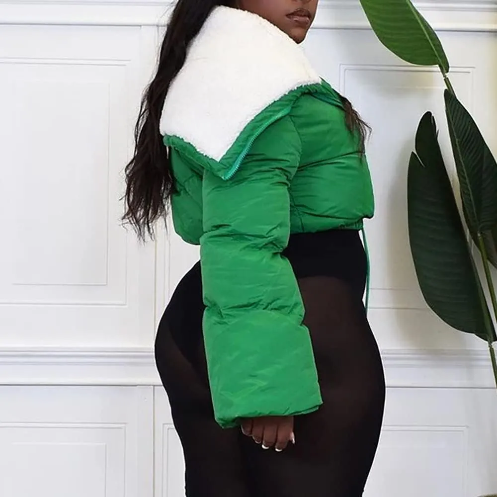Janepam Women Sherpa Polar Fleece Shawl Collar Cropped Letter Puffer Bomber Varsity Jacket Zipper Cotton Padded Streetwear