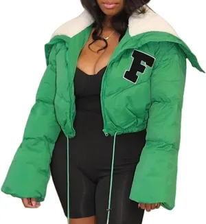 Janepam Women Sherpa Polar Fleece Shawl Collar Cropped Letter Puffer Bomber Varsity Jacket Zipper Cotton Padded Streetwear