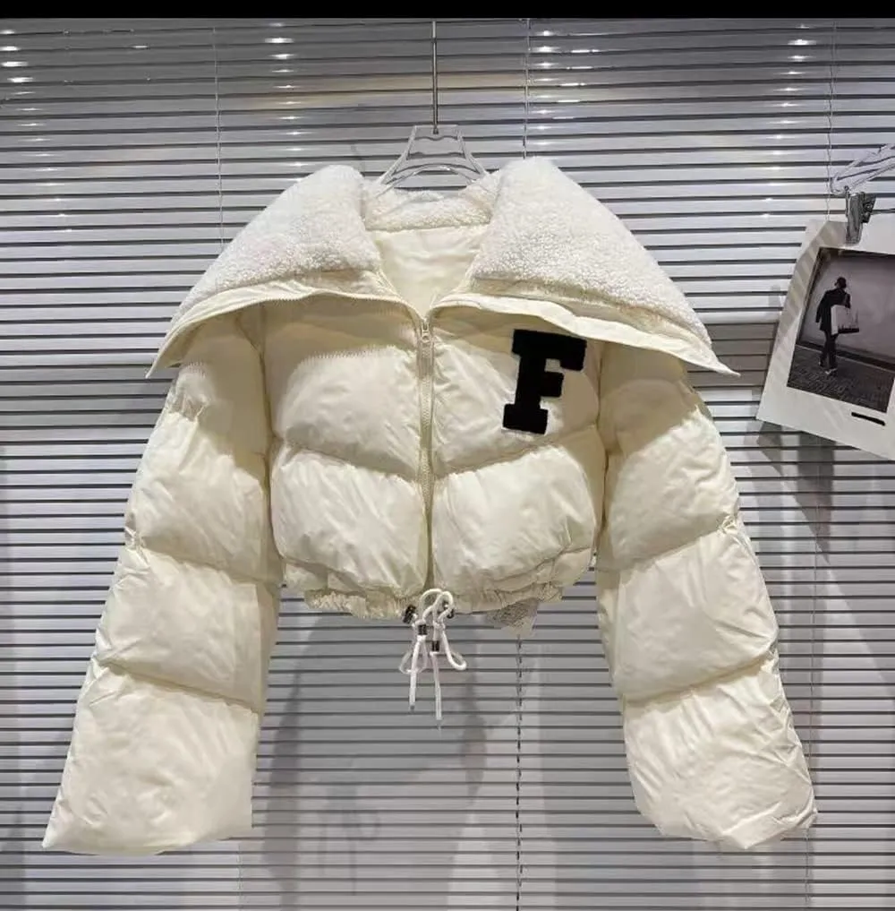 Janepam Women Sherpa Polar Fleece Shawl Collar Cropped Letter Puffer Bomber Varsity Jacket Zipper Cotton Padded Streetwear
